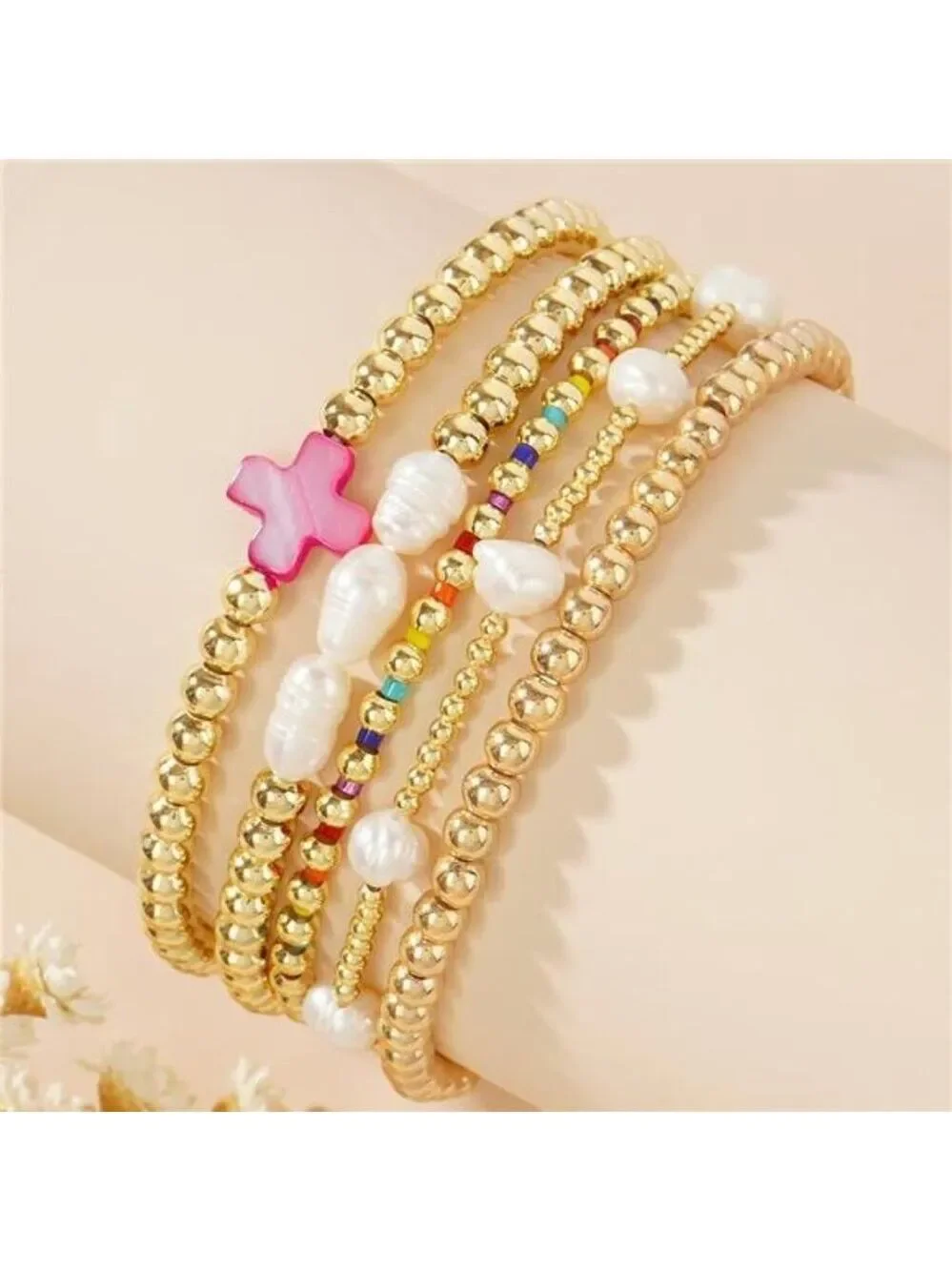 Gold Pearl Beaded Cross Bracelet Set Stretch Boho Layered Christian Jewelry